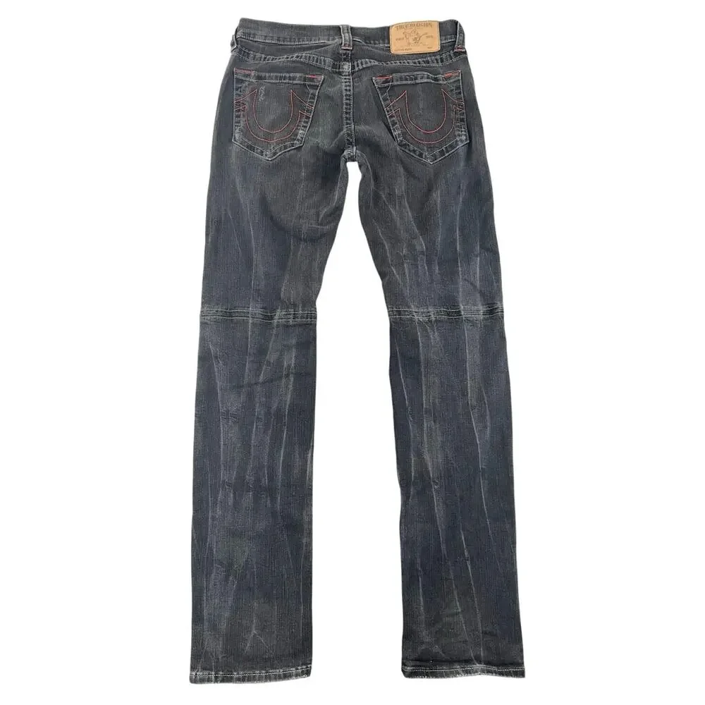 True Religion Moto Jeans Black Wash Biker Stitch Slim Straight Men’s 32